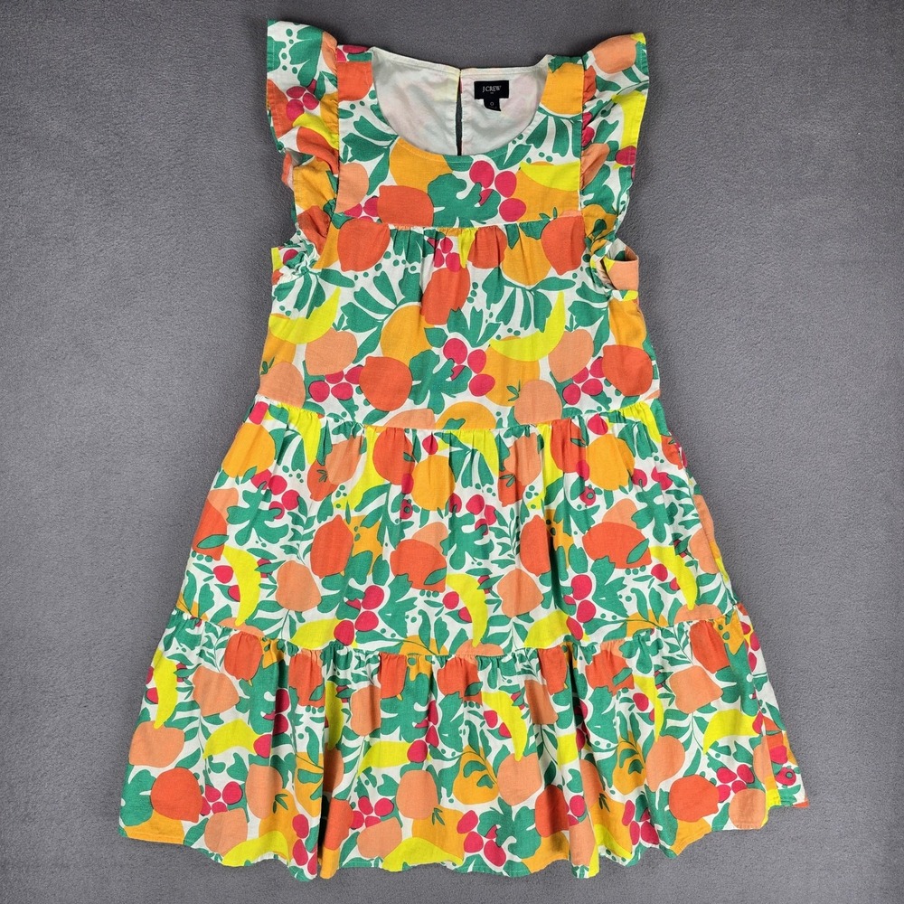 J Crew Dress Womens 0 Multicolor Fruit Print Ruffle Linen Blend‎ Summer Party